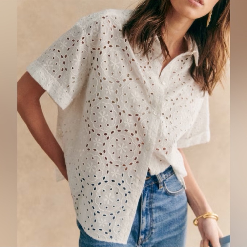 Sézane Laurineta eyelet blouse. Size EU 46/US XXL. White Eyelet Blouse